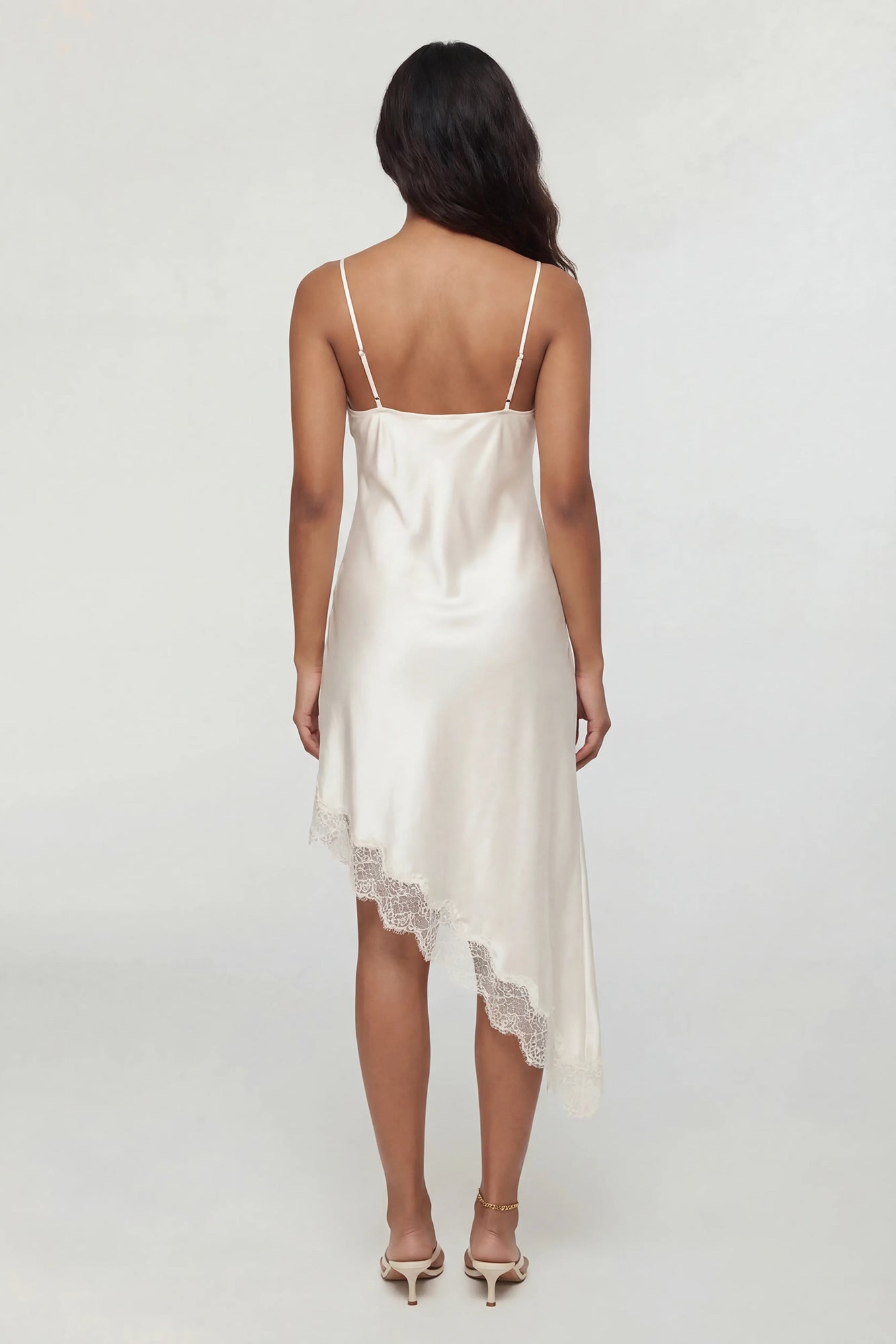 Satin V-Neck Lace Trim Asymmetrical Midi Dress