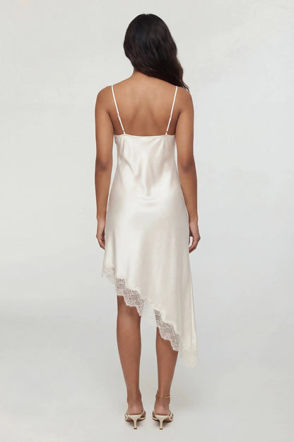 Satin V-Neck Lace Trim Asymmetrical Midi Dress