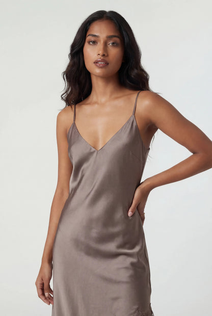 Satin V-Neck Lace Trim Asymmetrical Midi Dress