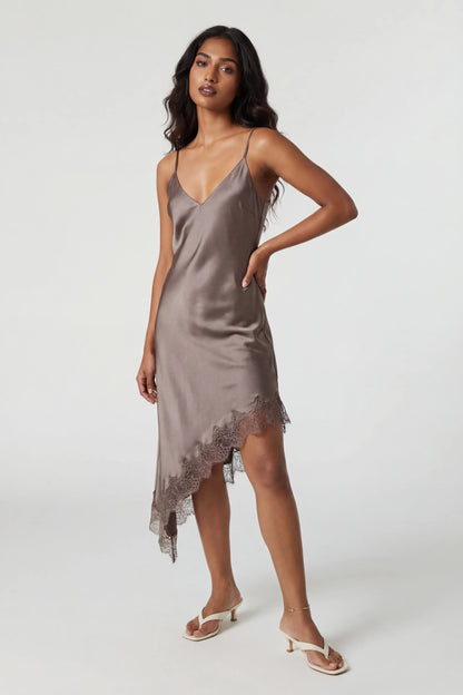 Satin V-Neck Lace Trim Asymmetrical Midi Dress