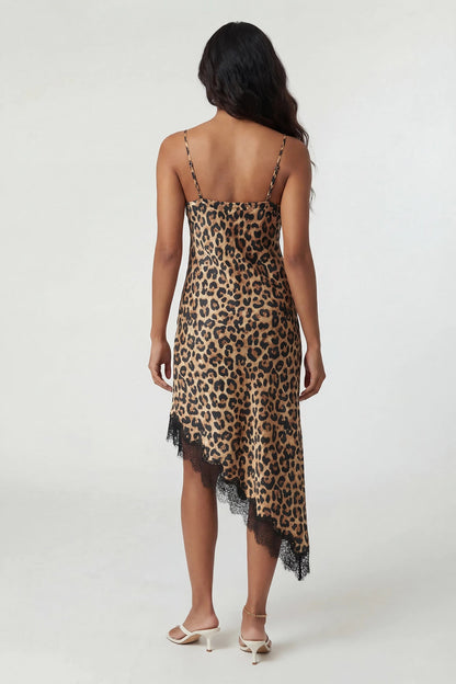 Satin V-Neck Lace Trim Asymmetrical Midi Dress