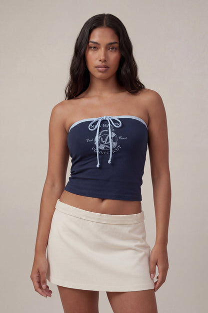 Graphic Drawstring Tube Top