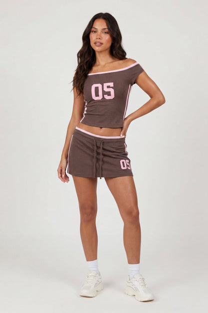 Graphic Off Shoulder Top & Mini Skirt Set