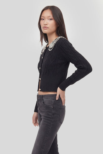 Lace Collar Cable Knit Cardigan
