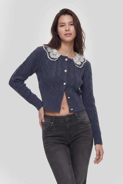 Lace Collar Cable Knit Cardigan