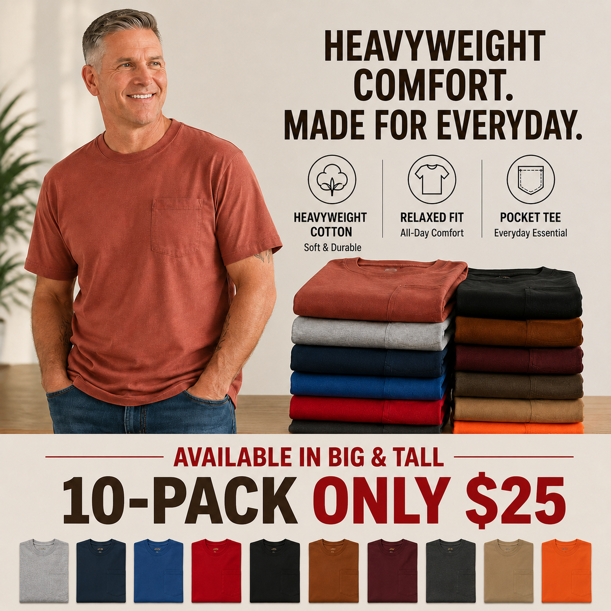 🔥 Men’s Heavyweight Cotton Pocket Tee – Relaxed Fit, Big & Tall Sizes