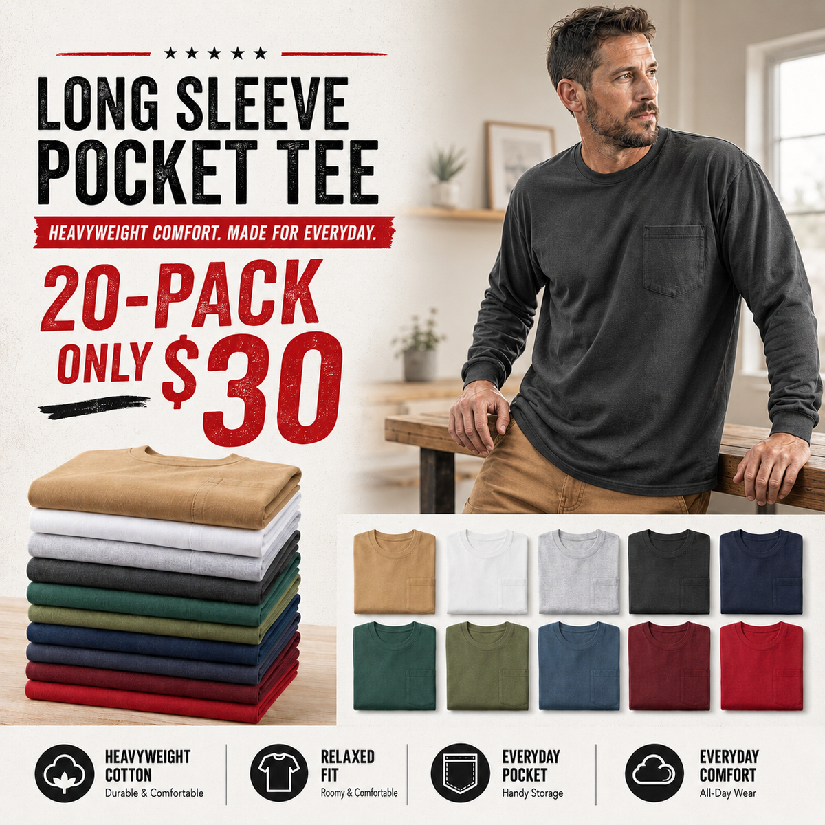 🔥 Men’s Heavyweight Cotton Pocket Tee – Relaxed Fit, Big & Tall Sizes