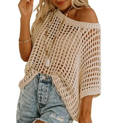 Women’s Lightweight Crochet Short Sleeve Sweater – Loose Hollow-Out Summer Top