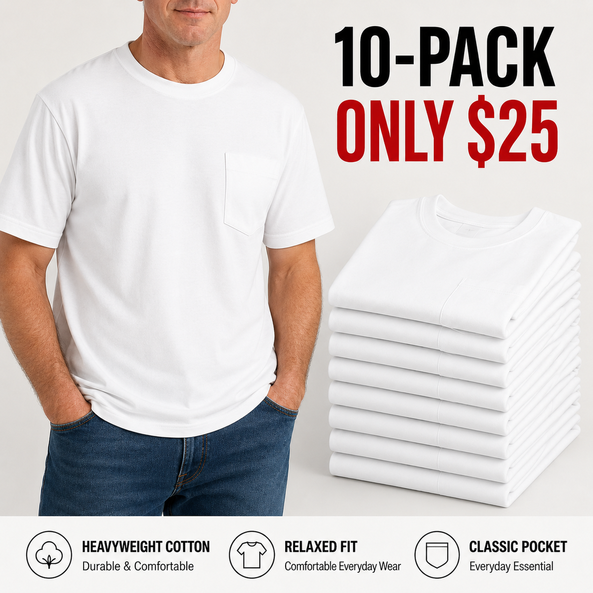 🔥 Men’s Heavyweight Cotton Pocket Tee – Relaxed Fit, Big & Tall Sizes