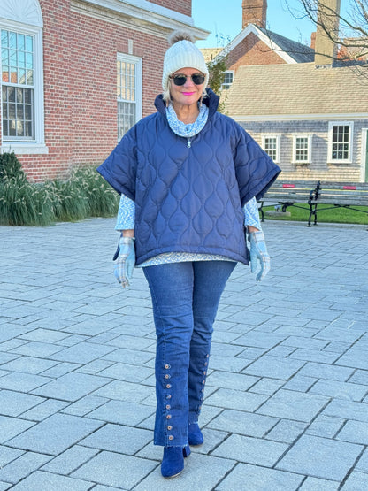 Quilted Short Sleeves Puffer Pullover Poncho Navy