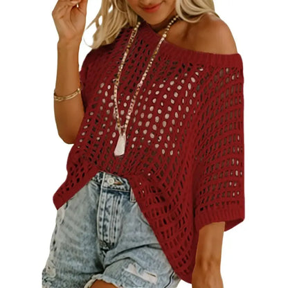 Women’s Lightweight Crochet Short Sleeve Sweater – Loose Hollow-Out Summer Top
