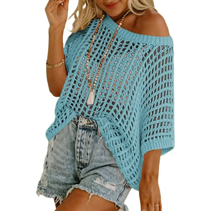 Women’s Lightweight Crochet Short Sleeve Sweater – Loose Hollow-Out Summer Top