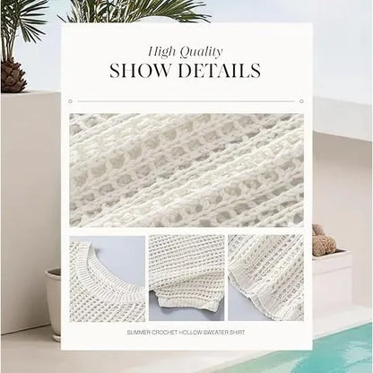 Women’s Lightweight Crochet Short Sleeve Sweater – Loose Hollow-Out Summer Top