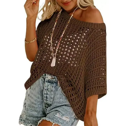 Women’s Lightweight Crochet Short Sleeve Sweater – Loose Hollow-Out Summer Top