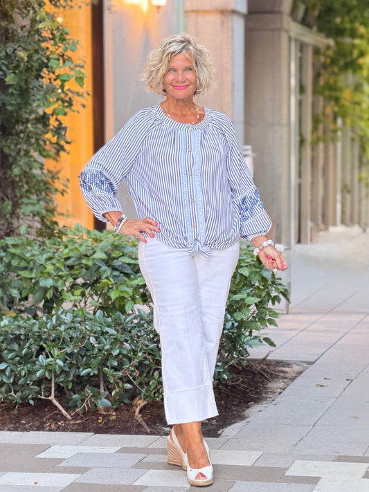 NAVY SEERSUCK TIE TOP