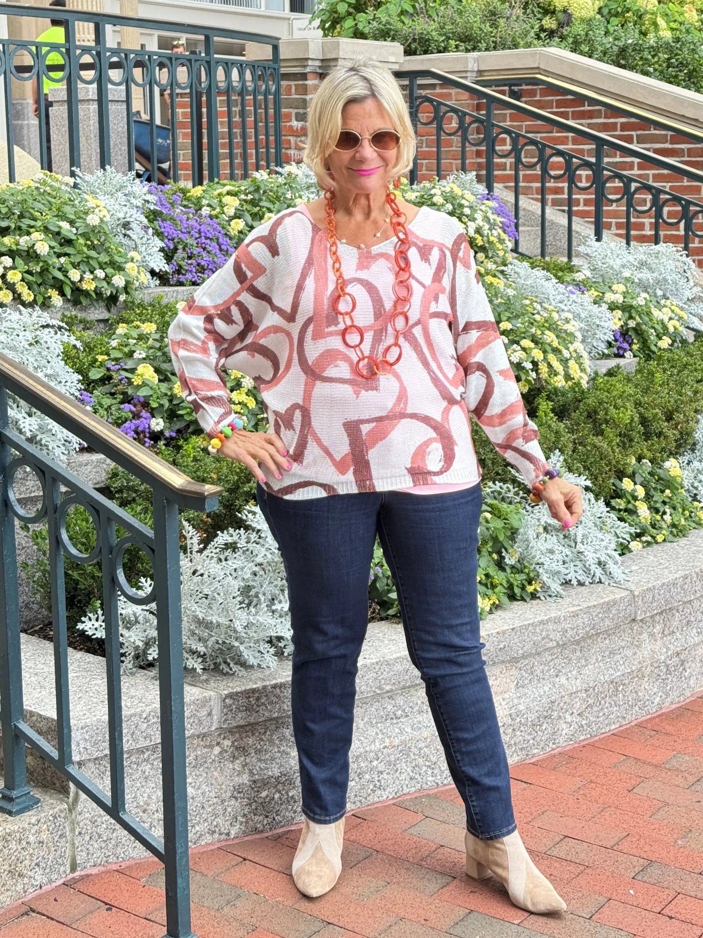 One Size Beige Heart Printed Knitted Sweater