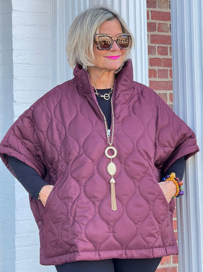 Quilted Short Sleeves Puffer Pullover Poncho Burgundy