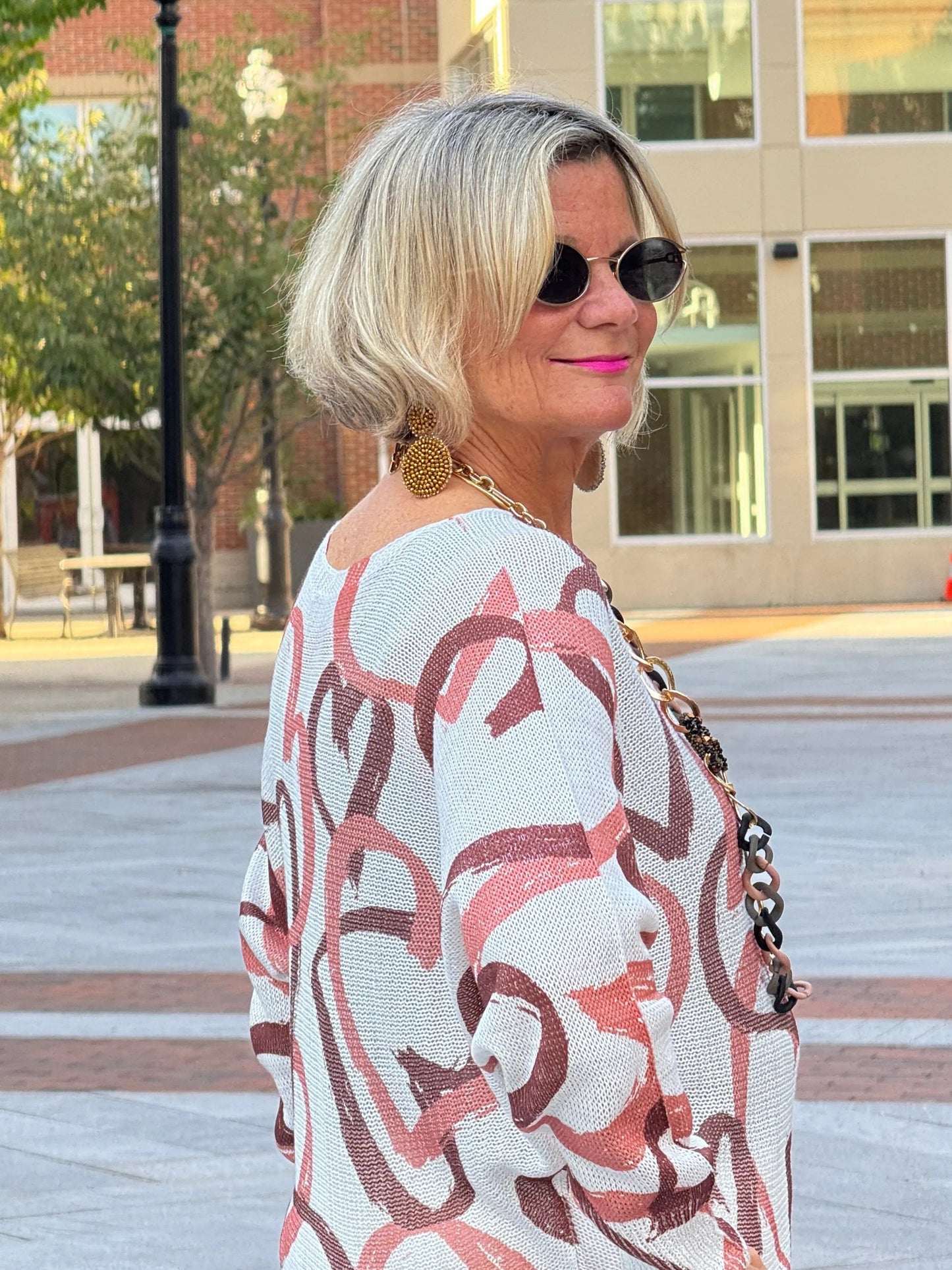 One Size Beige Heart Printed Knitted Sweater