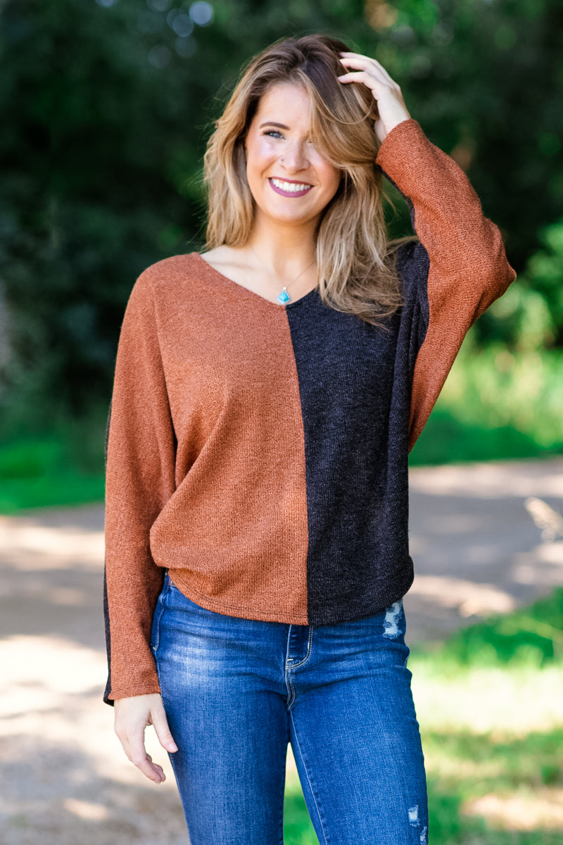 Cognac and Black Colorblock V-Neck Sweater