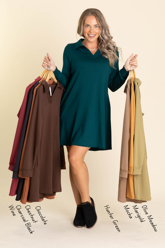 Collared Long Sleeve Knit Dresses With Pockets