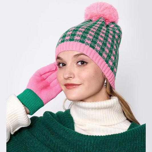 Patterned Pom Pom Beanie Hat