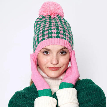 Patterned Pom Pom Beanie Hat