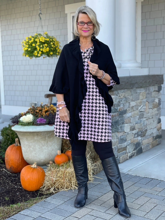PINK HOUNDSTOOTH RUFFLE NECK DRESS FINAL,SALE
