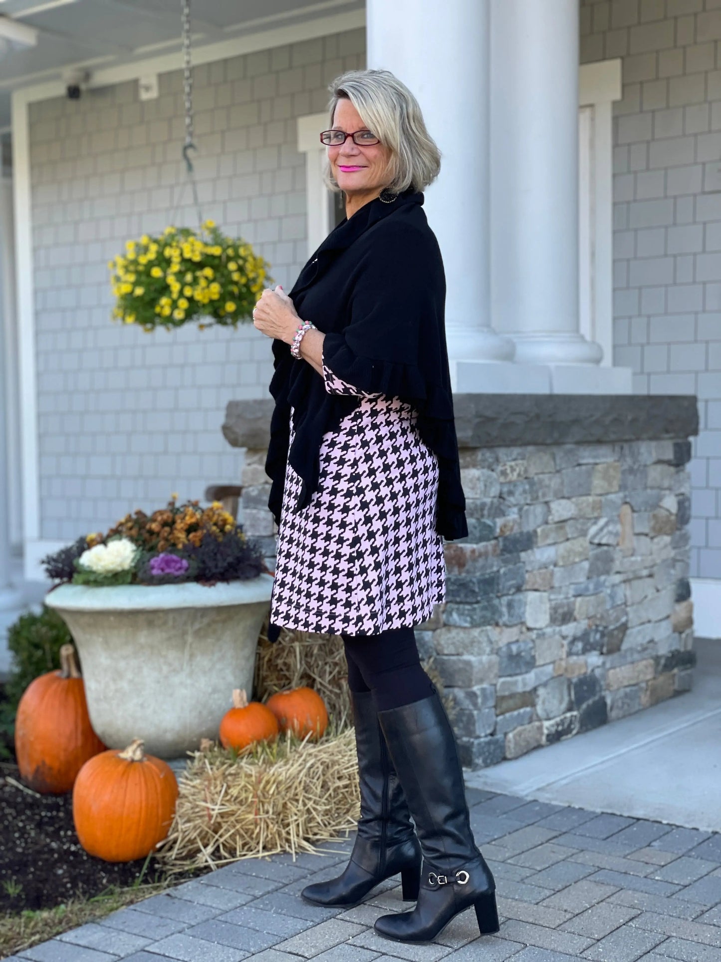 PINK HOUNDSTOOTH RUFFLE NECK DRESS FINAL,SALE