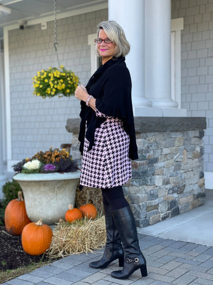 PINK HOUNDSTOOTH RUFFLE NECK DRESS FINAL,SALE