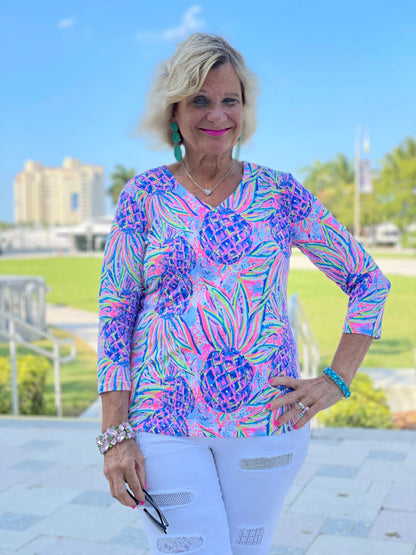 PINK PINEAPPLE DREAM V NECK TOP