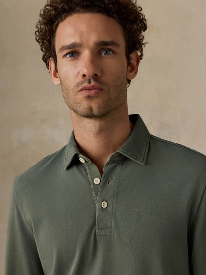 Long-Sleeve Sunwashed Pique Polo - Ridge Olive