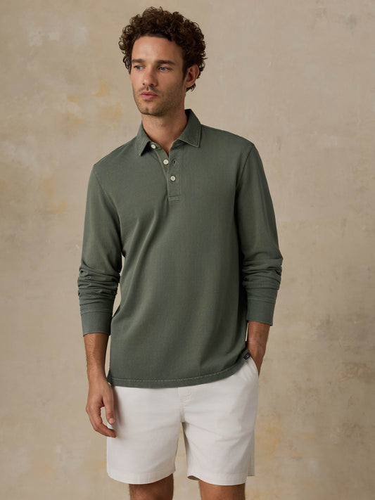 Long-Sleeve Sunwashed Pique Polo - Ridge Olive