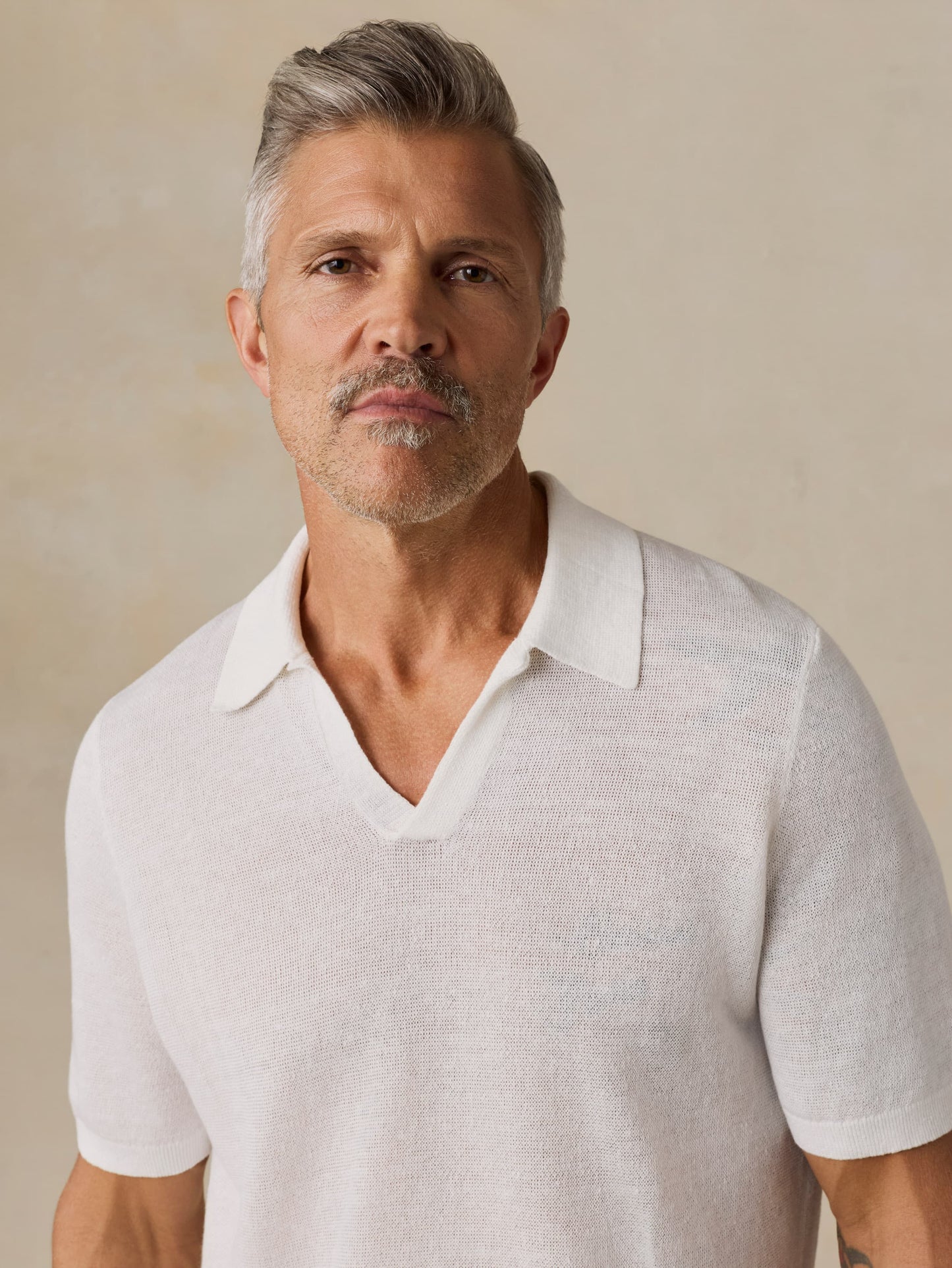 Short-Sleeve Linen Sweater Polo - Pure White