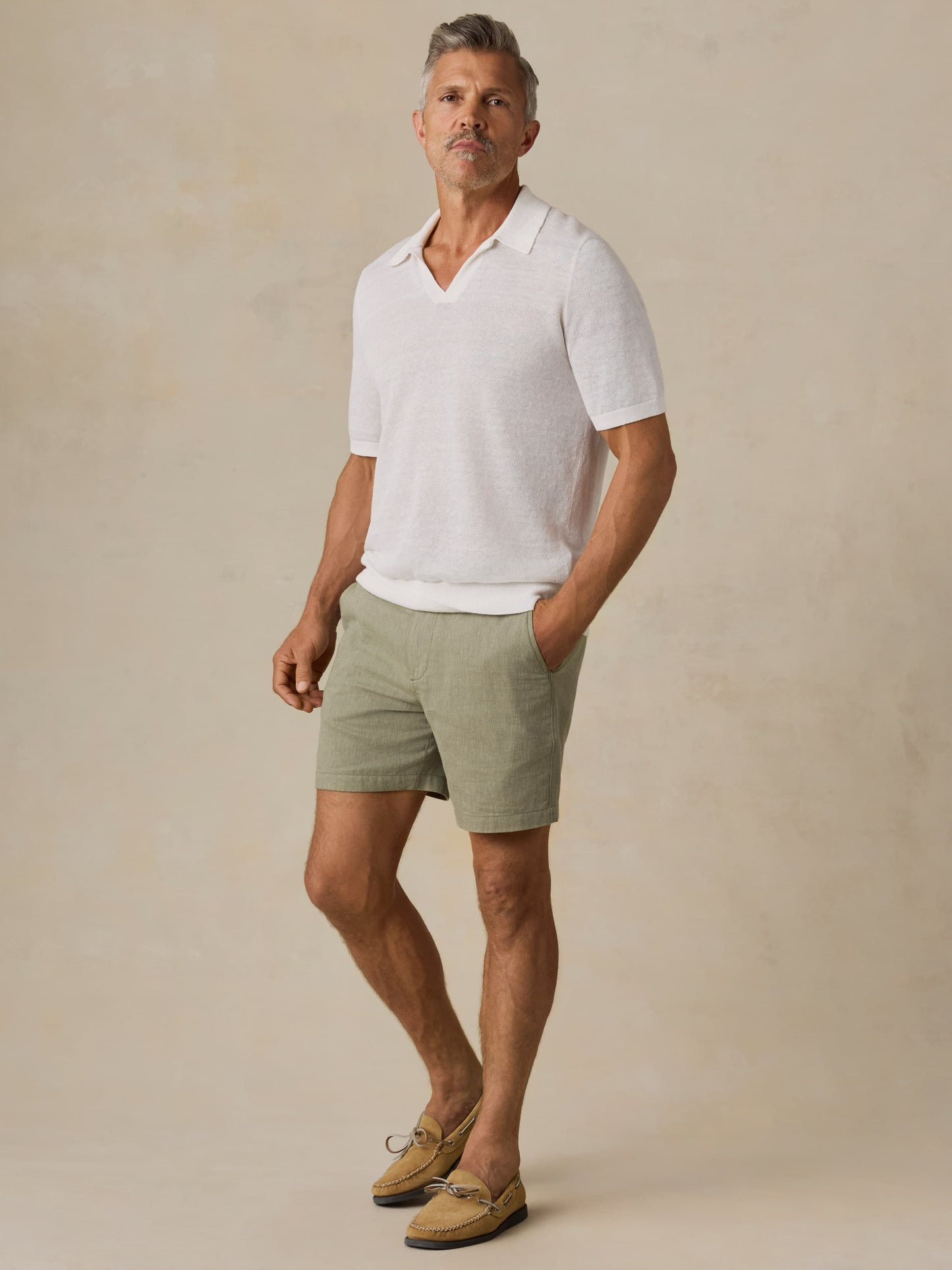 Short-Sleeve Linen Sweater Polo - Pure White