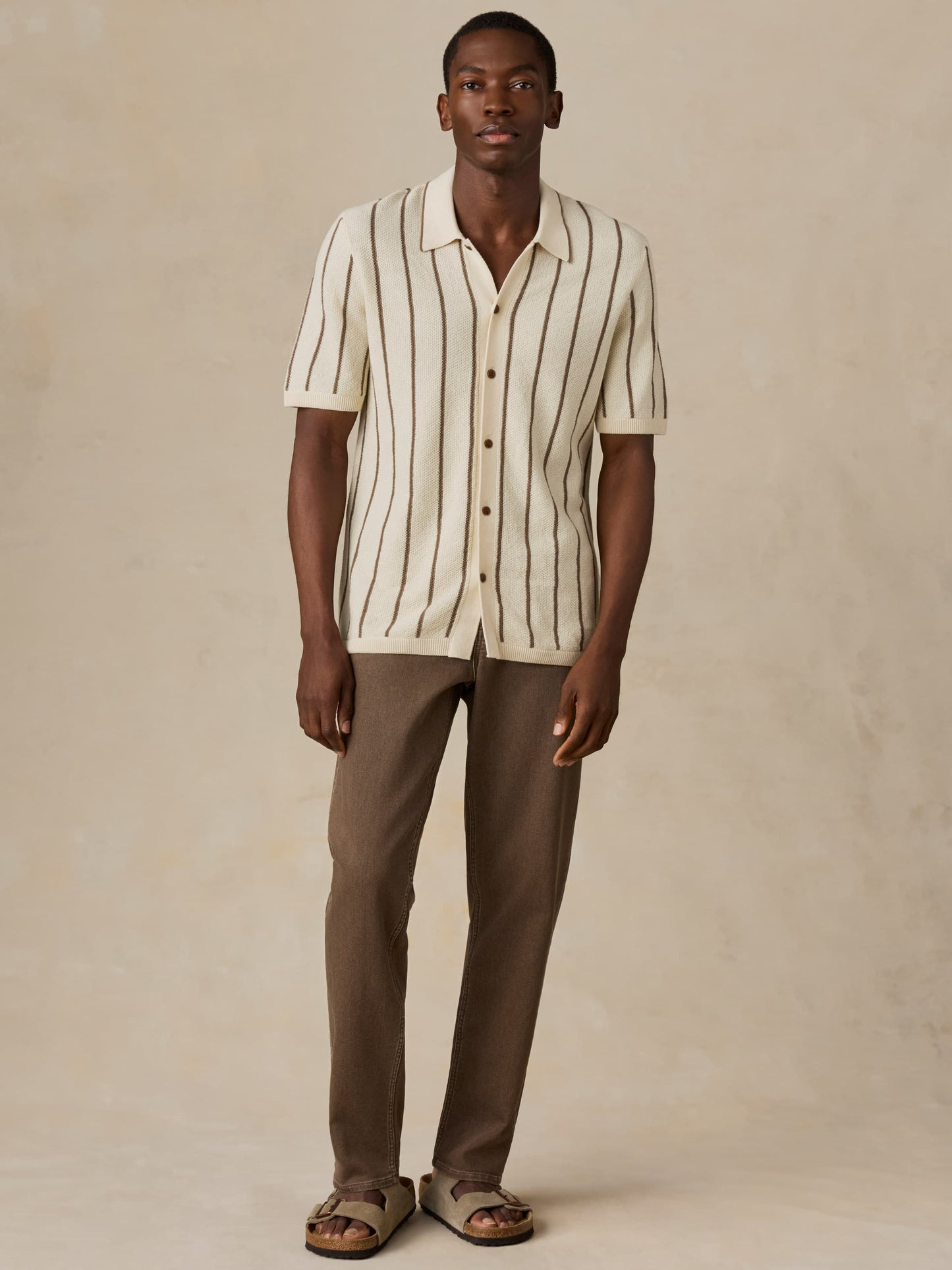 Short-Sleeve Sweater Shirt - Cream Walnut Stripe