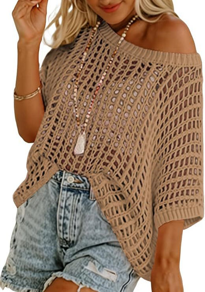 Women’s Lightweight Crochet Short Sleeve Sweater – Loose Hollow-Out Summer Top