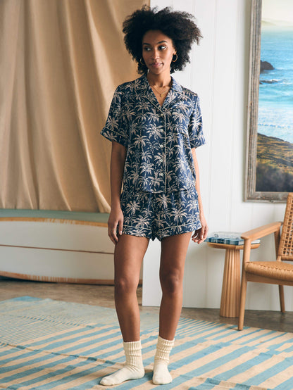 Sandwashed Silk Short Sleeve Pj Set - Navy Tropic Trees