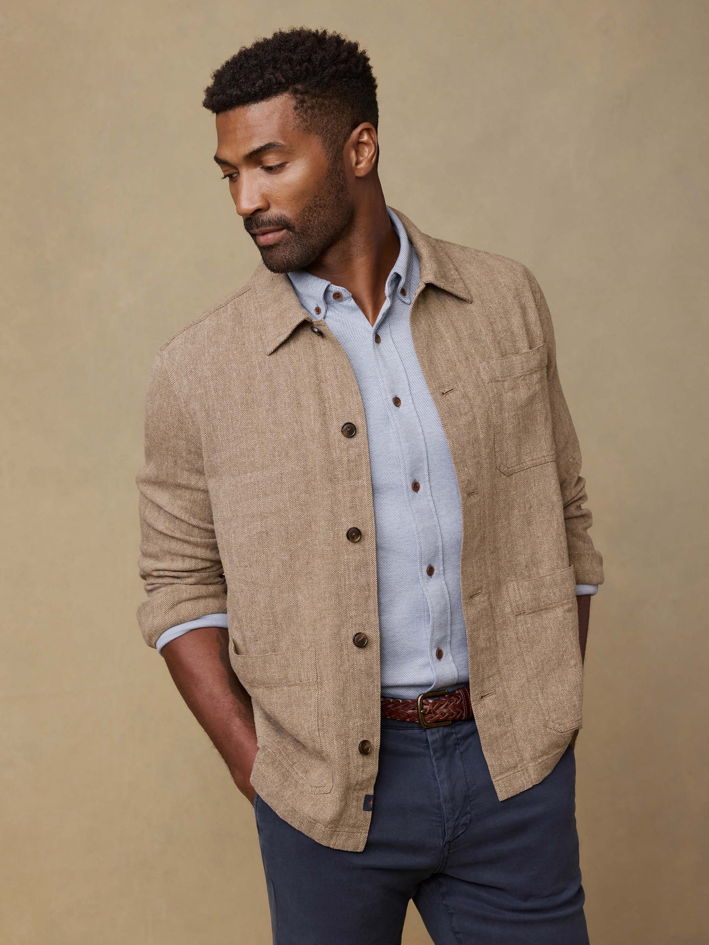 Herringbone Studio Jacket - Khaki Herringbone
