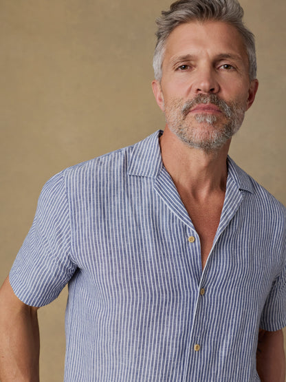 Short-Sleeve Laguna Linen Camp Shirt - Cloud Waters Stripe