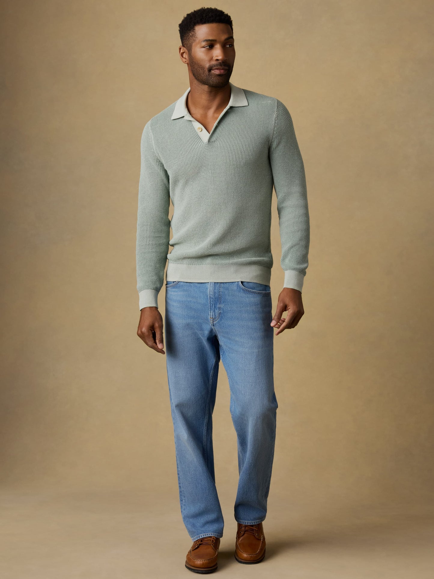 Long-Sleeve Sunwashed Sweater Polo - Sea Break