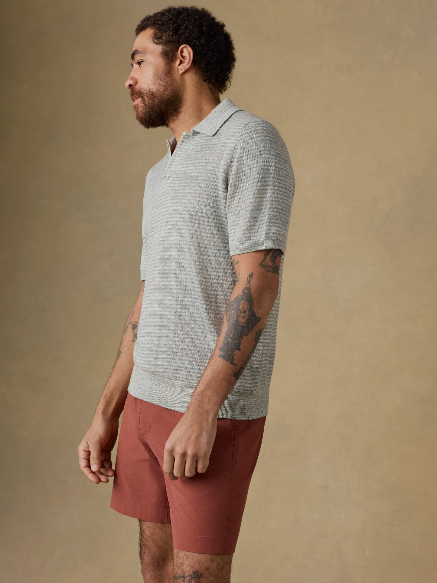Short-Sleeve Linen Sweater Polo - Beach Tree Stripe