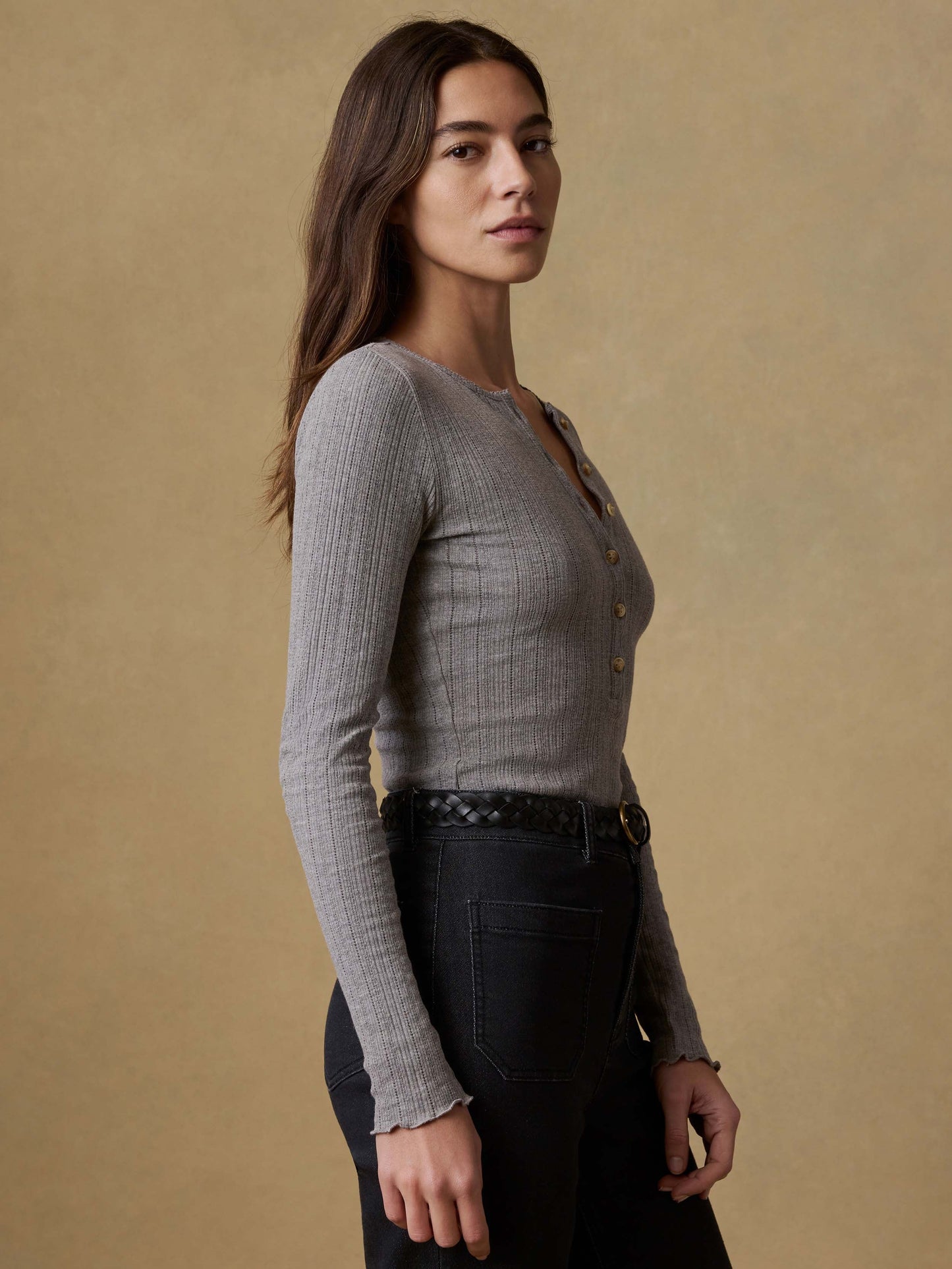Paradise Pointelle Henley - Medium Grey Heather