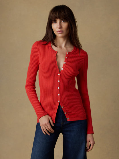 Miramar Linen Crewneck Cardigan - Poppy Red