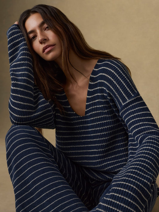 Miramar Linen Deep V-Neck Sweater - Navy Stripe