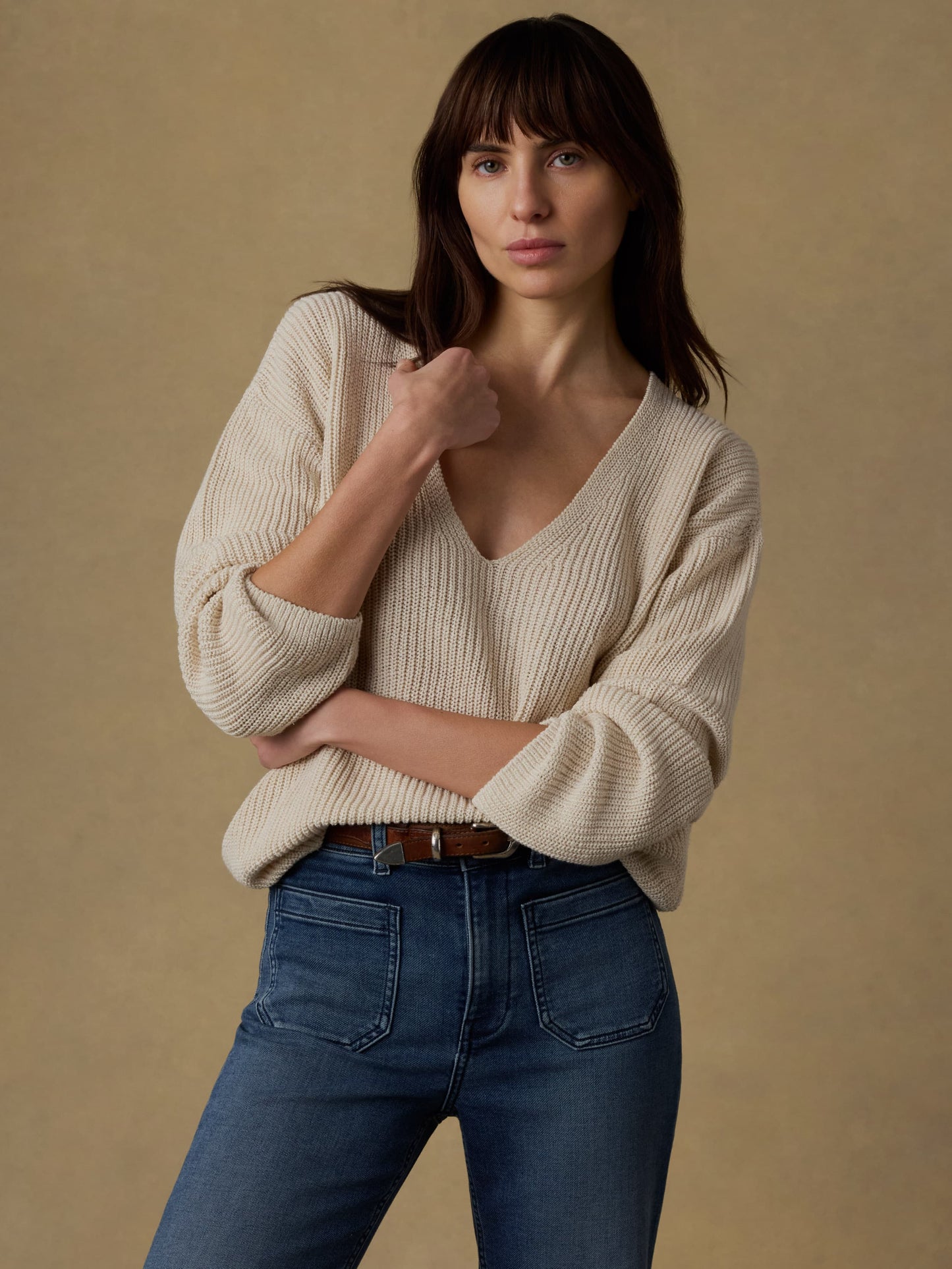 Miramar Linen Deep V-Neck Sweater - Summer Sand