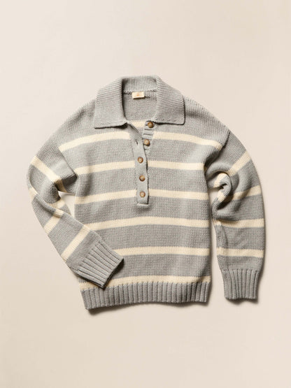 Sunwashed Cotton Polo Sweater - Grey Heather Stripe