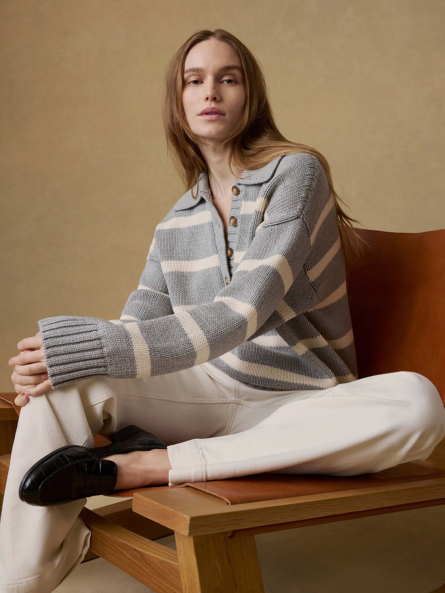 Sunwashed Cotton Polo Sweater - Grey Heather Stripe