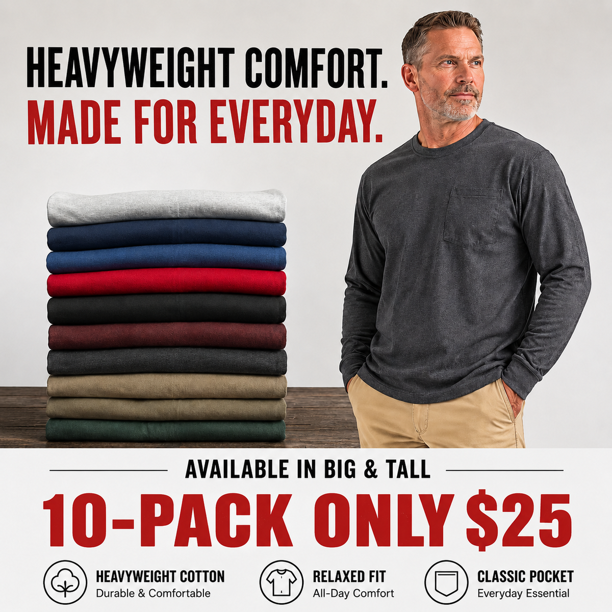 🔥 Men’s Heavyweight Cotton Pocket Tee – Relaxed Fit, Big & Tall Sizes