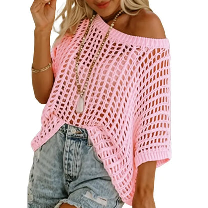 Women’s Lightweight Crochet Short Sleeve Sweater – Loose Hollow-Out Summer Top