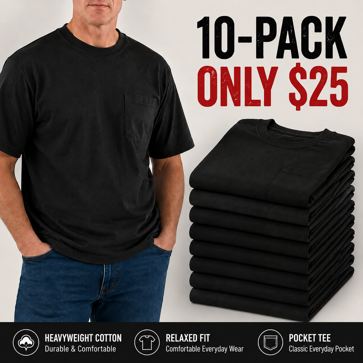 🔥 Men’s Heavyweight Cotton Pocket Tee – Relaxed Fit, Big & Tall Sizes